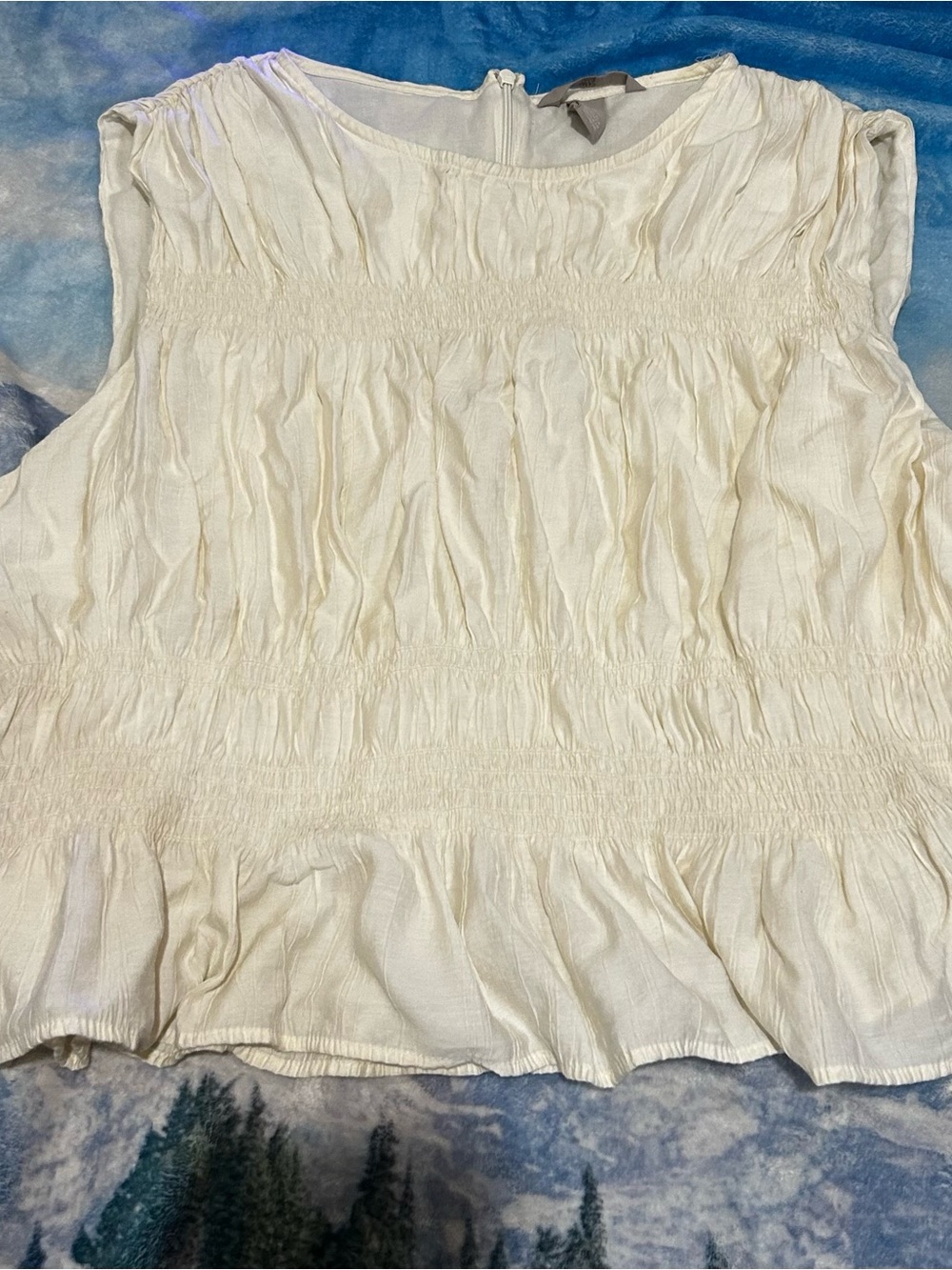 Womens Cream Smocked Sleeveless Blouse
